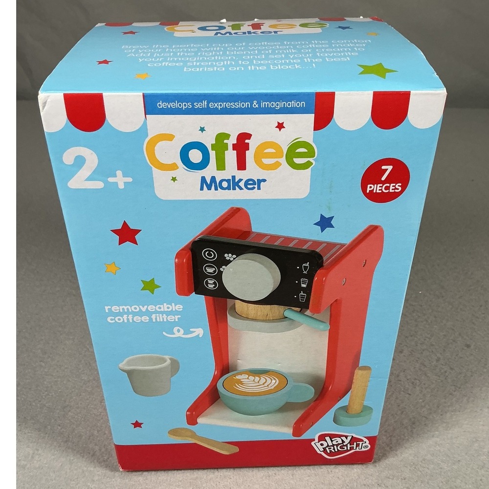 Play Right Wooden Coffee Maker Pretend Play 7 Piece Kids Kitchen Toy Age 2+ NEW